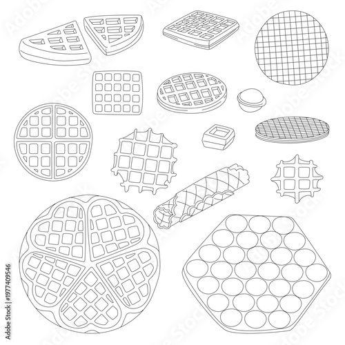 Flat contour illustration of a large waffle and pastry set including belgian, bubble and heart shapes. Vector line art for coloring book, bakery menu or icon design. Isolated on white background