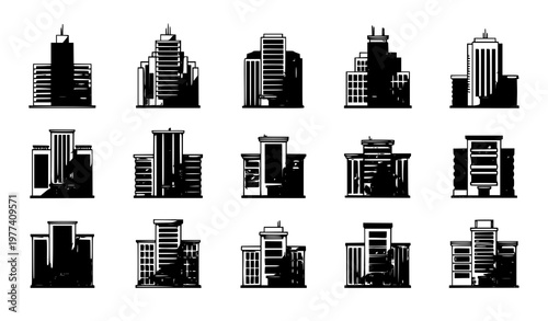 Modern office building icon set flat style corporate and apartment block vector collection isolated on white
