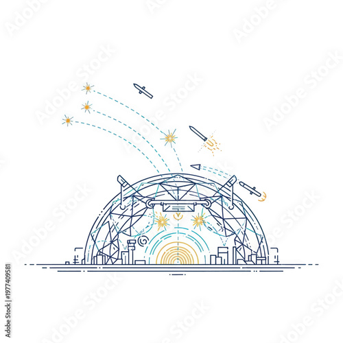 Line art illustration of a concert dome with fireworks and aerial effects.