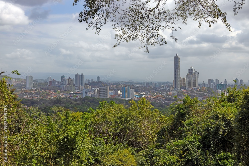 Fototapeta premium Panama City skyline wide view above tropical forest