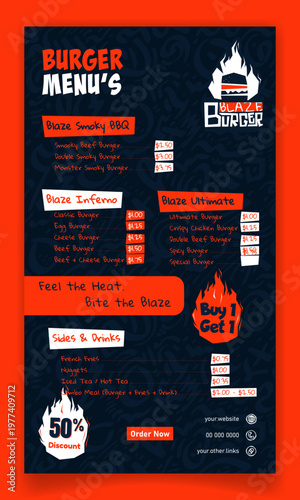 Food menu template in dark blue and orange design for burger food menu