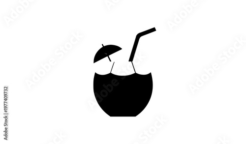 Flat coconut drink icon with straw tropical beach beverage summer refreshment vector illustration