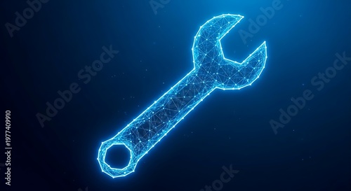 A blue, digital rendering of a wrench with a network of connecting points