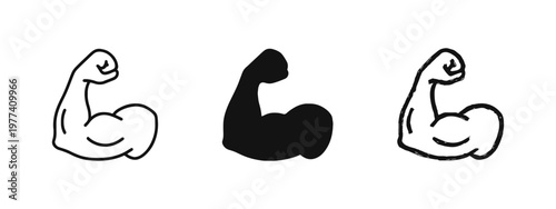 Muscular Arm Bicep Flex Icon Set, Symbols for Strength Power and Fitness Training