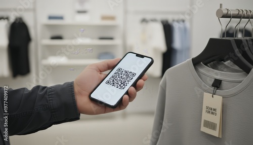 Person using mobile phone displaying a qr code, scanning a product tag for information in a modern retail clothing store, enhancing the online shopping and checkout experience
