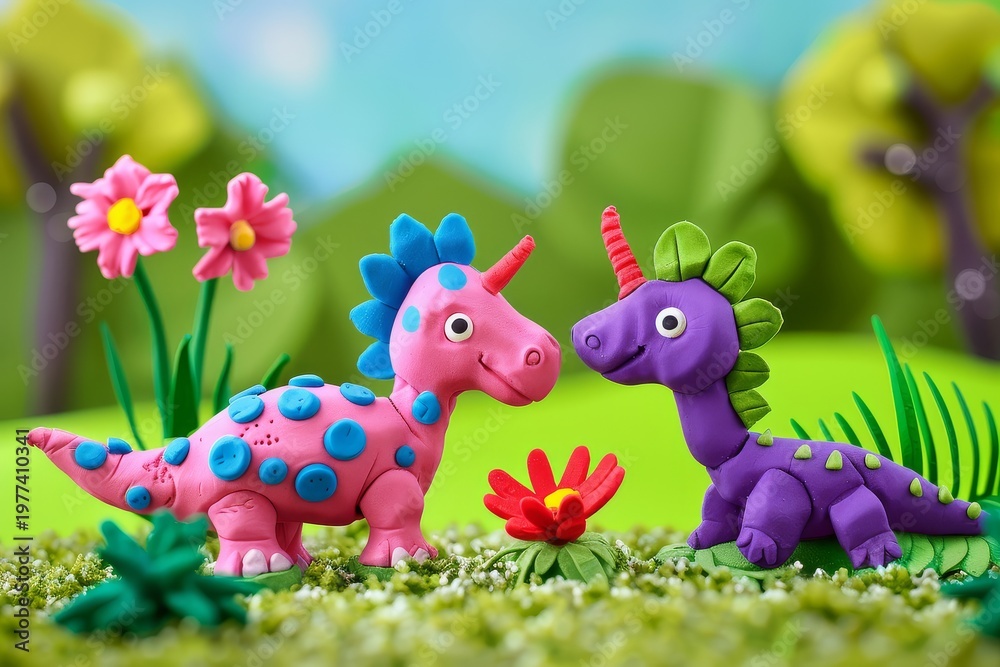 Fototapeta premium cute playdough dinosaurs clay characters colorful flowers cartoon landscape kids toy animation style