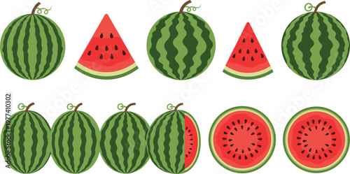Watermelon fruit collection whole and sliced juicy summer fruit cartoon vector illustration set of fresh healthy food isolated on light background