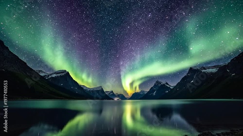 Beautiful aurora borealis over snowy mountains