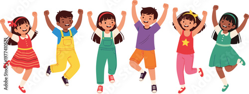 Happy Diverse Children Jumping And Celebrating Vector Set Featuring Little Boys And Girls For Party Success Childhood Joy And International Youth Day Graphic Designs