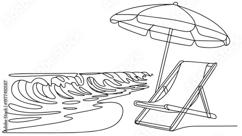 beach umbrella and chair with wave, continuous line drawing. concept of summer vacation and travel in paradise island, vector