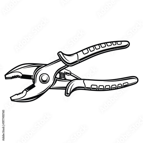 A detailed illustration of a pair of pliers with open jaws and textured handles.