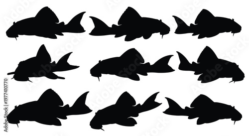 Collection of black pleco fish silhouettes displayed in a grid arrangement