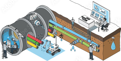 Isometric Illustration of Smart Underground Infrastructure Management, Pipeline Inspection with Robots, and Data Monitoring Control Room