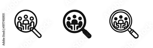 Magnifying Glass Icon Over Team Meeting for Recruitment, Human Resources and Analysis