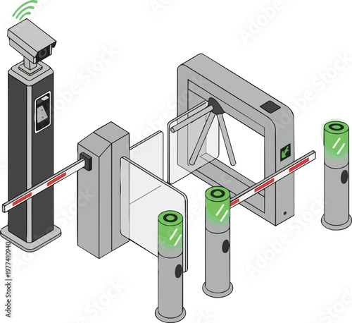 Isometric Security Access Control System with Automated Turnstile, Boom Barrier Gate, and CCTV Surveillance Camera