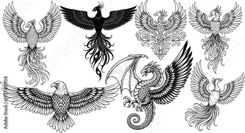 Illustration Set of Mythical and Stylized Birds Including Phoenix, Eagle, and Dragon for Fantasy, Tattoo, and Heraldry Graphics