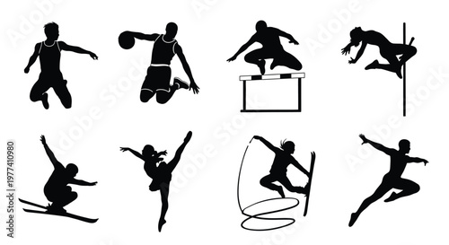 Athletes in dynamic poses performing various sports a black silhouette