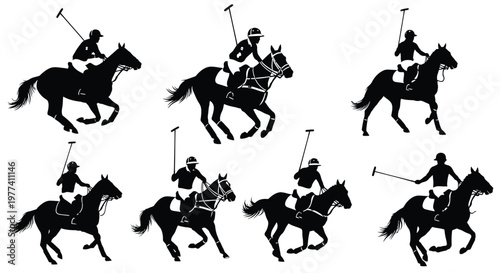 Equestrian polo players on horseback depicted in a dark silhouette