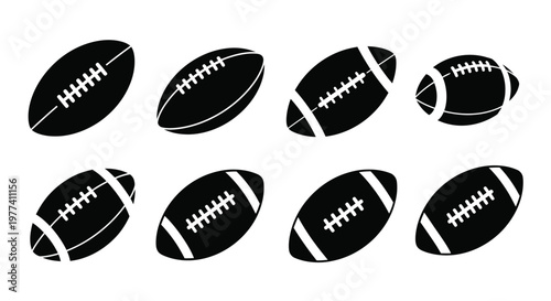 Collection of american footballs in various perspectives a dark silhouette