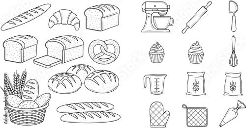 Bakery and baking tools outline vector set with bread croissant mixer rolling pin cupcake flour and kitchen equipment isolated on white background