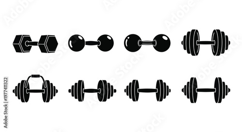 Black dumbbell set icons in varying styles a graphic silhouette