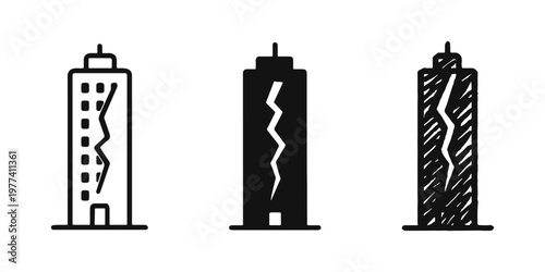 Cracked Skyscraper Icons Set - Damage, Disaster, or Economic Collapse Concepts in Outline, Solid, and Sketch Styles