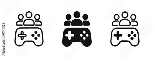 Multiplayer Gaming Icons Set - Game Controller with People Group in Outline, Solid, and Sketch Styles