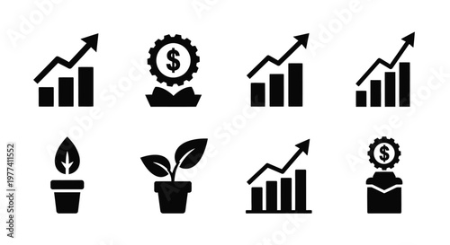 Financial growth investment and business development icons in black silhouette