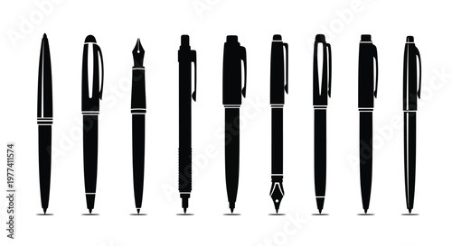 Collection of various writing instruments displayed as a silhouette