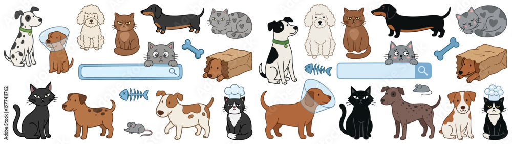 Fototapeta premium A delightful collection of cartoon dogs and cats in various poses and situations featuring playful interactions and cute expressions for a whimsical feel pet animal puppy