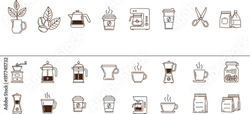 Coffee and tea outline icon set with beans cup espresso maker french press grinder and cafe equipment isolated on white background