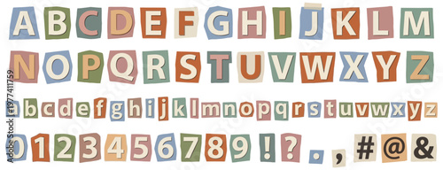 A complete set of letters from A to Z numbers 0 to 9 and various punctuation marks presented in a cut out newspaper style with pastel colored paper backing alphabet characters