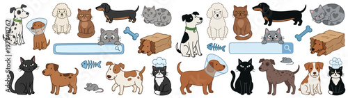 A delightful collection of cartoon dogs and cats in various poses and situations featuring playful interactions and cute expressions for a whimsical feel pet animal puppy