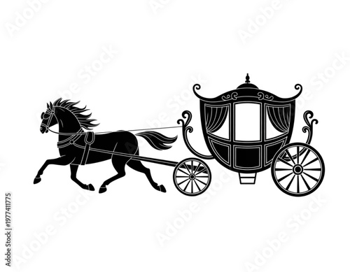 Elegant black horse pulling a vintage carriage with passengers Vector