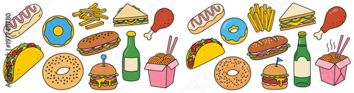 A vibrant collection of cartoon style fast food items including hot dogs donuts sandwiches burgers fries tacos noodles and beverages illustration junk food french fries drink