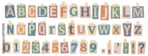 Uppercase and lowercase letters of the alphabet numbers zero through nine and punctuation marks are presented in pastel colors each affixed with tape Uppercase and lowercase letters of the