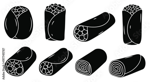 Various burrito shapes and rolls presented as a black silhouette