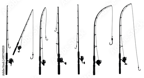 Collection of fishing rods displayed in a stark black silhouette
