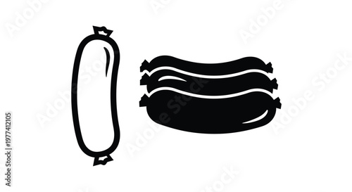 Two sausages one whole and one sliced in black silhouette