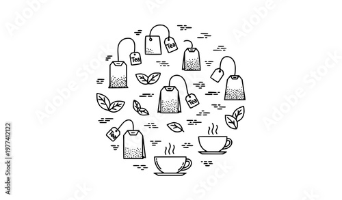Herbal tea bag outline icons packaging symbol vector illustration set