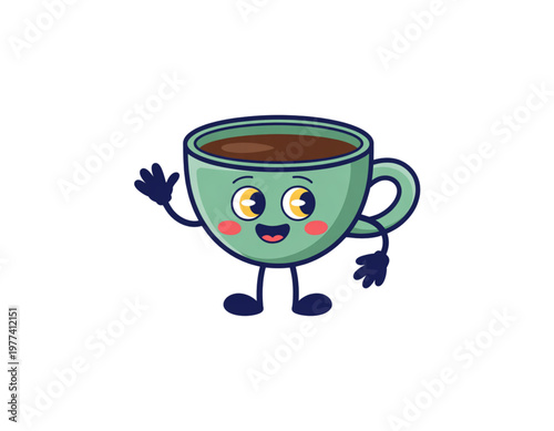 A cheerful anthropomorphic coffee cup waving with a smiley face Vector