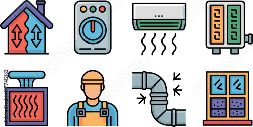 HVAC equipment heating ventilation air conditioning icon set colorful flat vector collection for climate control systems maintenance design
