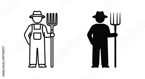 Farmer with pitchfork illustrations a filled and outline style silhouette