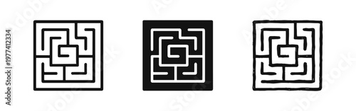 Maze Icon Set. Labyrinth Puzzle and Complexity Symbol in Outline, Solid, and Hand-Drawn Styles