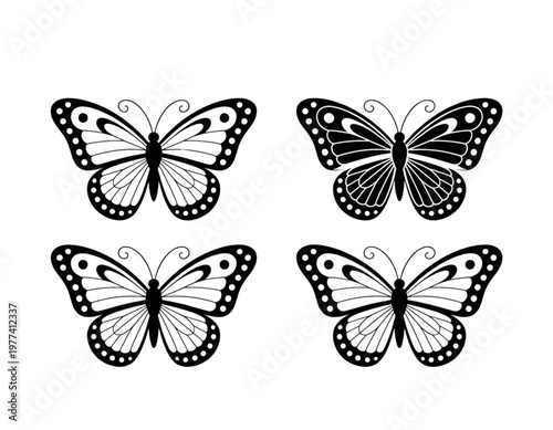Four black and white butterflies in flight formation against a plain background Vector