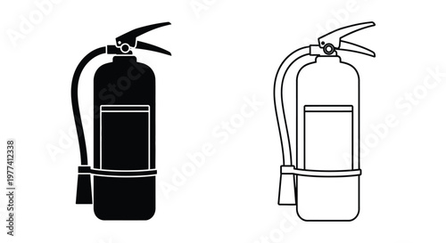 Two fire extinguishers depicted in contrasting black and white silhouette