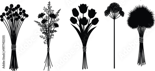 Set of black flower bouquet silhouettes isolated on white background, elegant floral arrangement vector collection including tulips and wildflowers for wedding invitation and spring design.