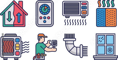 HVAC heating ventilation air conditioning icon set colorful flat vector collection for climate control repair maintenance systems design