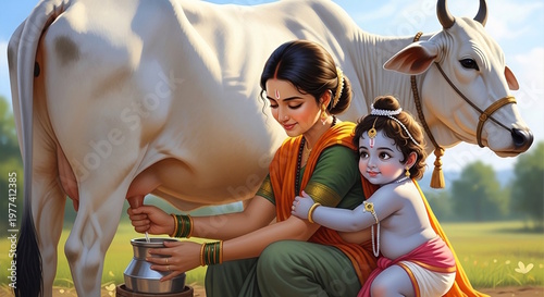 Beautiful Hindu religion God cute happy baby Krishna hug to his mother Yashoda who milking a cow