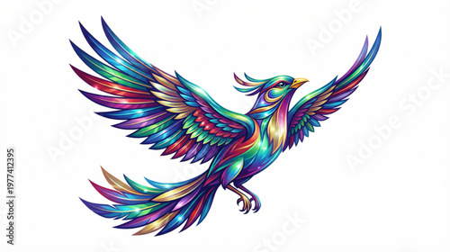 Vibrant Phoenix Rising with Colorful Wings Spread in Mid-Flight, Symbolizing Rebirth and Hope